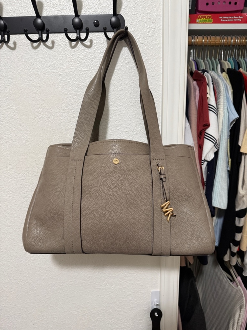 Michael Kors Taupe Pebbled Leather Tote with Gold Charm
